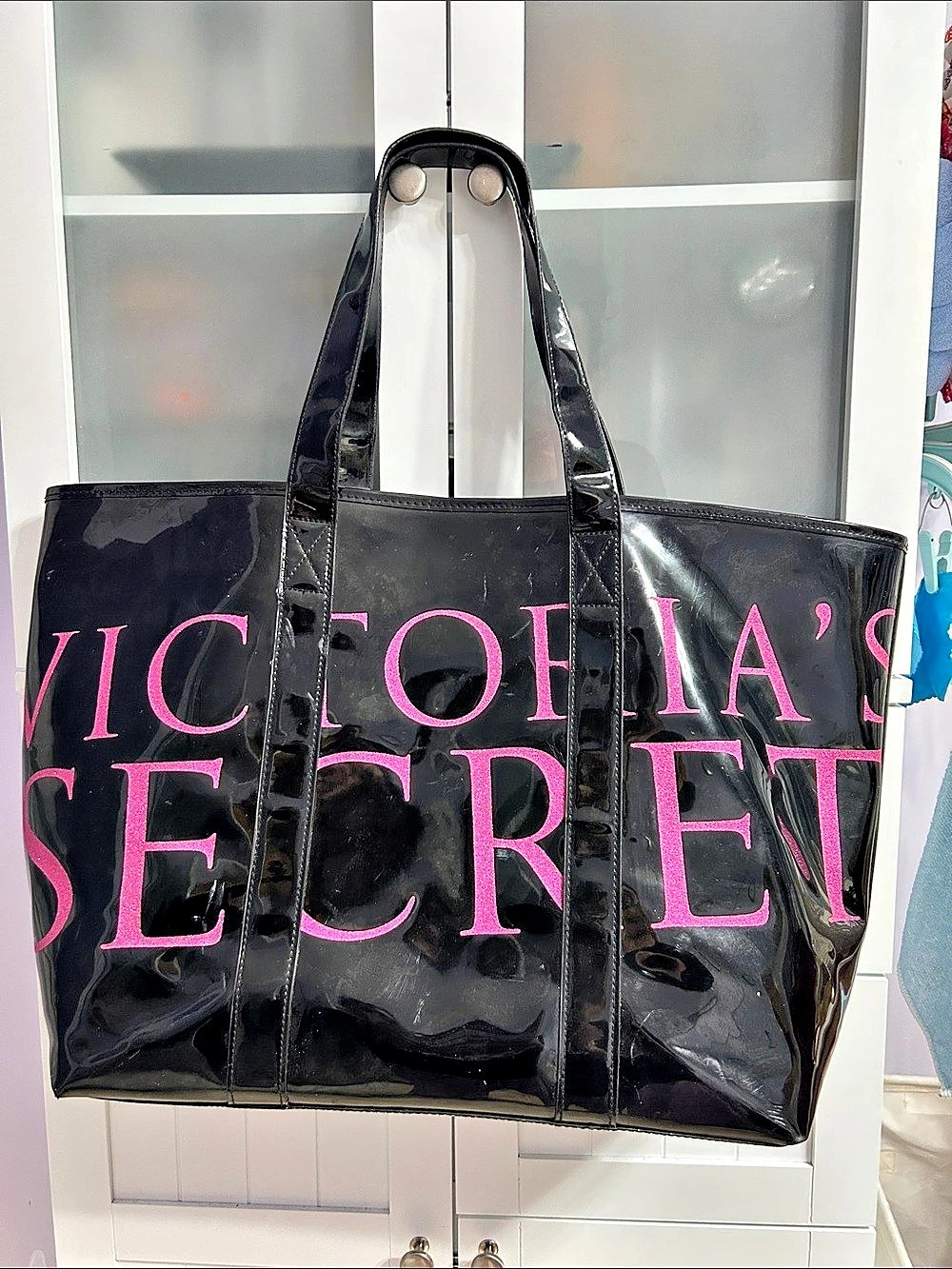 Victoria's Secret Black Patent Pink Glitter Logo Tote Bag